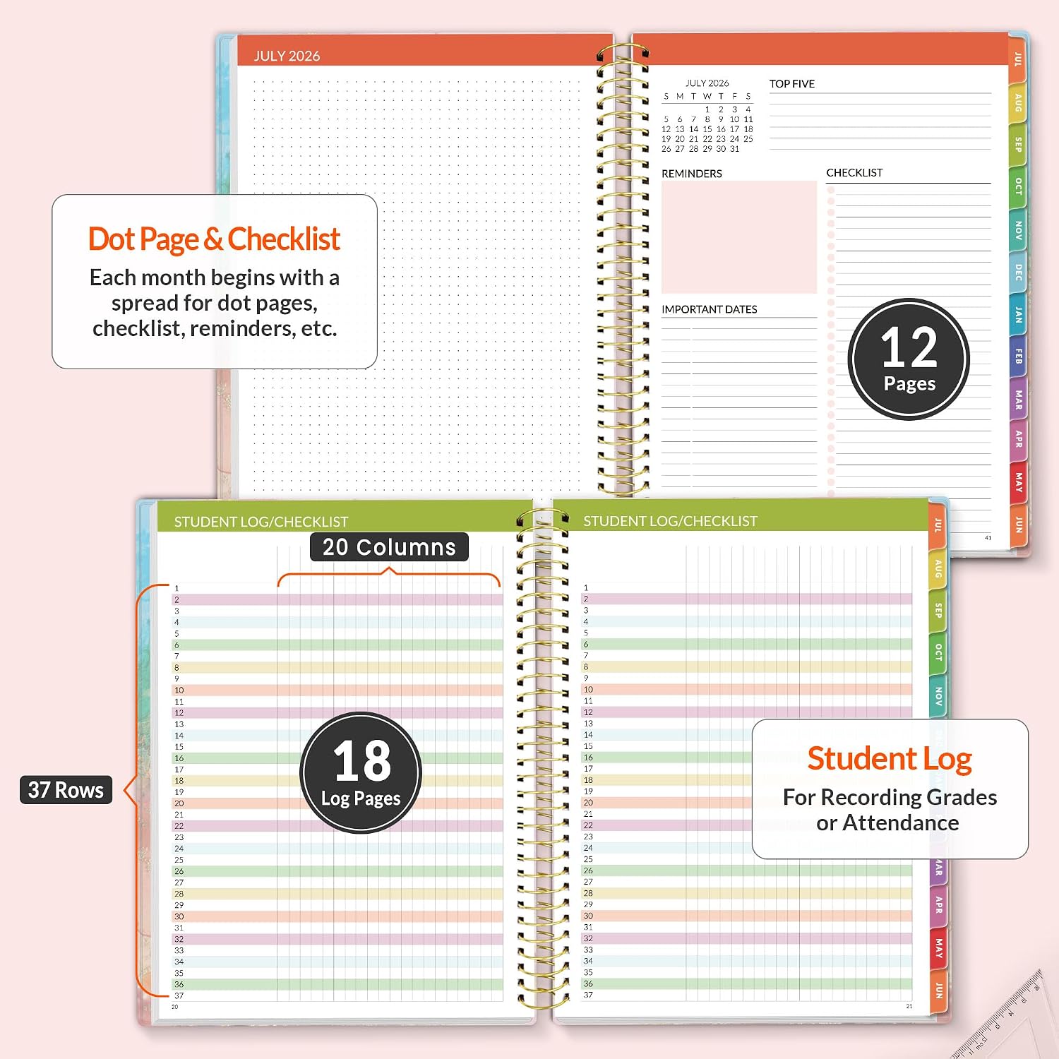 SUNEE Deluxe Teacher Planner 2026-2027, Lesson Planner Book with 7 Periods Jul 2026 - Jun 2027, 8.5" x 11" Weekly and Monthly Organizers with Colorful Tabs, Planning Stickers,120gms Paper, Pink Marble