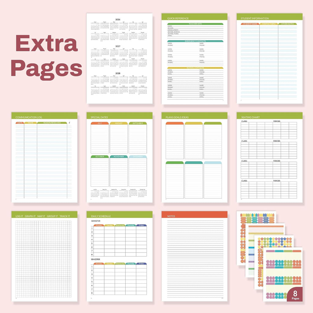 SUNEE Deluxe Teacher Planner 2026-2027, Lesson Planner Book with 7 Periods Jul 2026 - Jun 2027, 8.5" x 11" Weekly and Monthly Organizers with Colorful Tabs, Planning Stickers,120gms Paper, Pink Marble