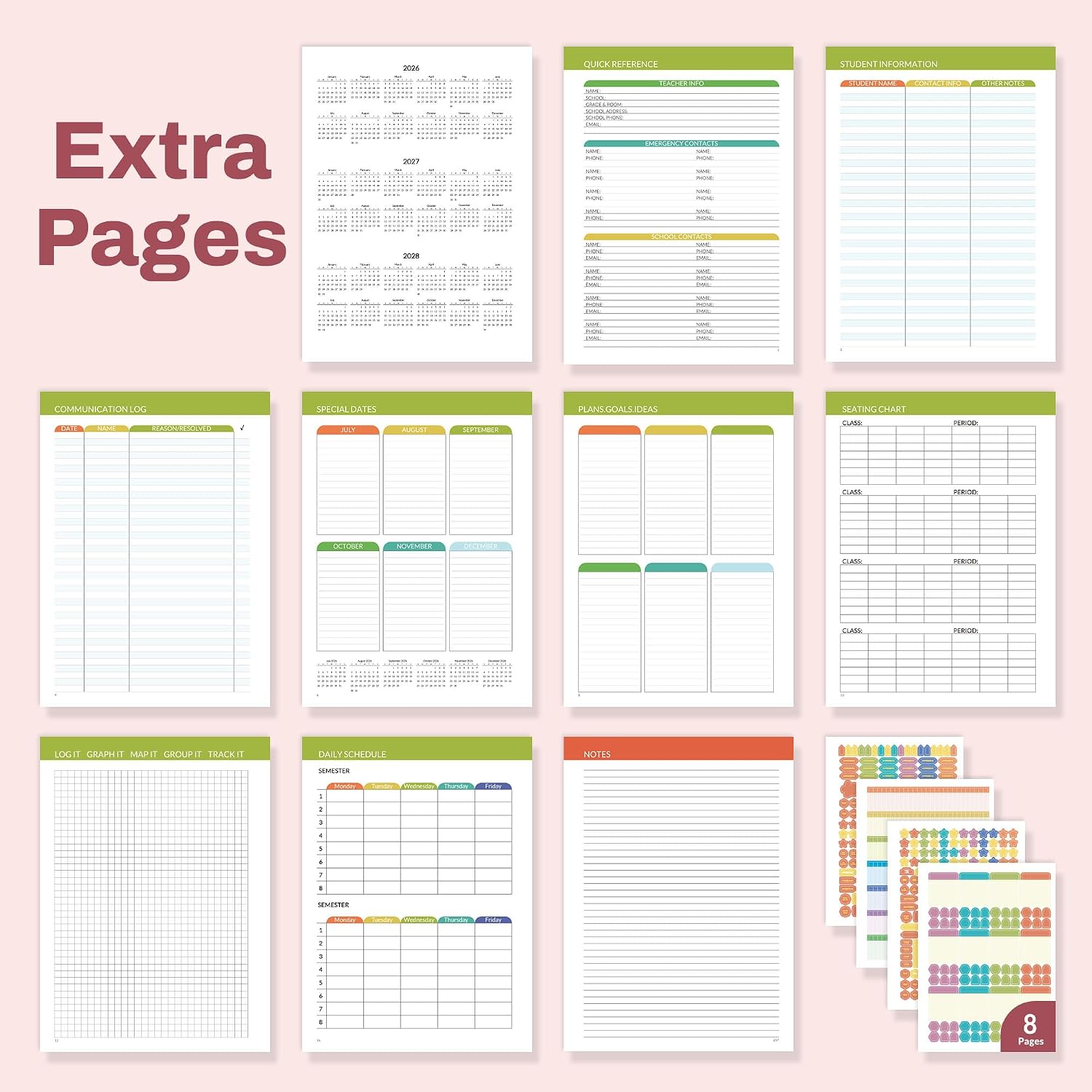 SUNEE Deluxe Teacher Planner 2026-2027, Lesson Planner Book with 7 Periods Jul 2026 - Jun 2027, 8.5" x 11" Weekly and Monthly Organizers with Colorful Tabs, Planning Stickers,120gms Paper, Pink Marble