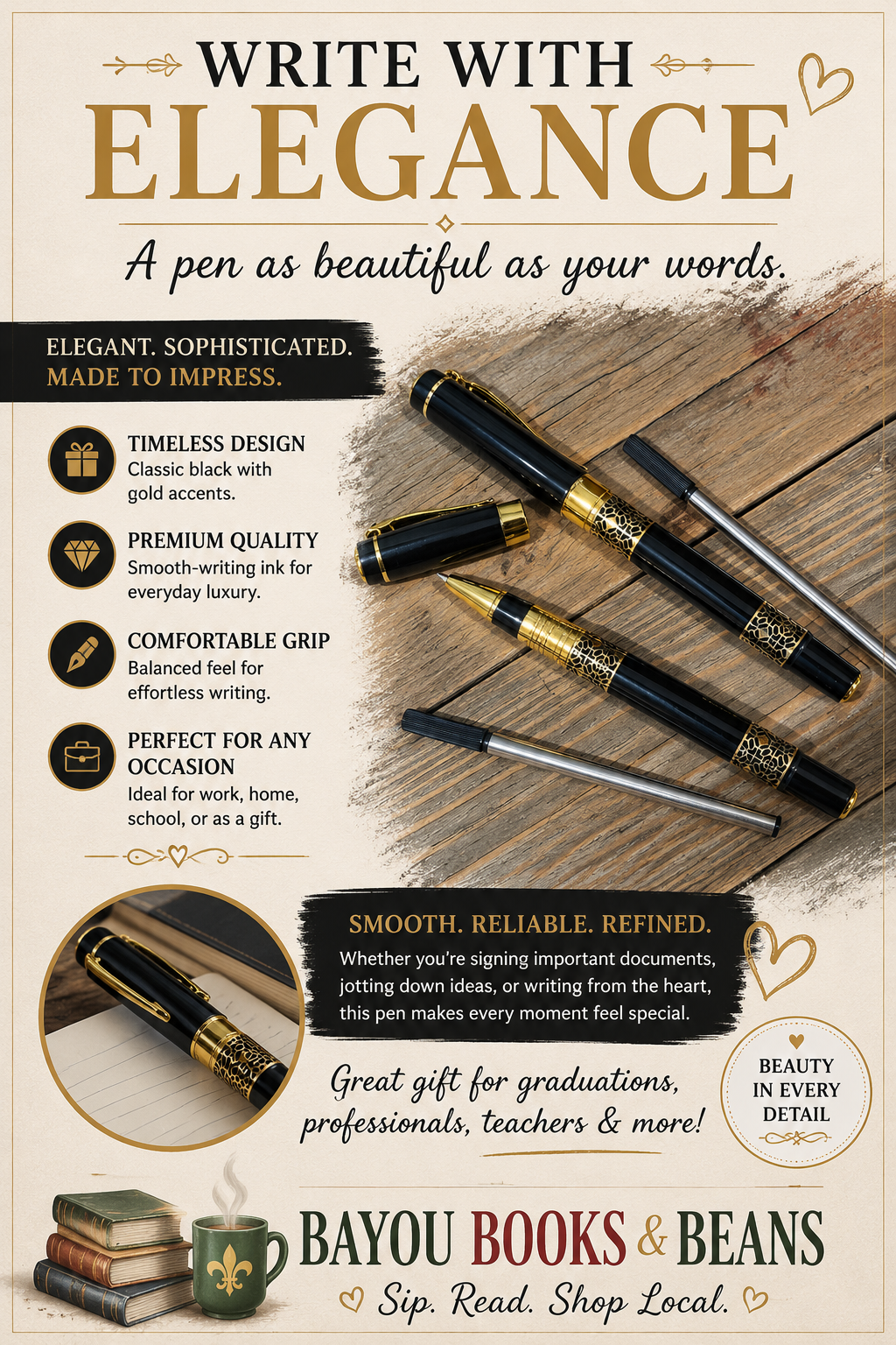 Elegant Black & Gold Pen w/refill